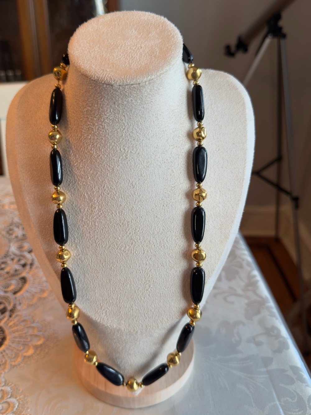 Vintage Signed Napier 1980s Black & Gold Beaded Statement Necklace 24"